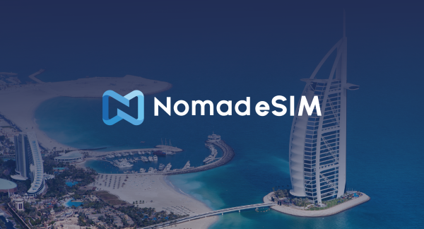Nomad eSIM logo with Dubai in the background.